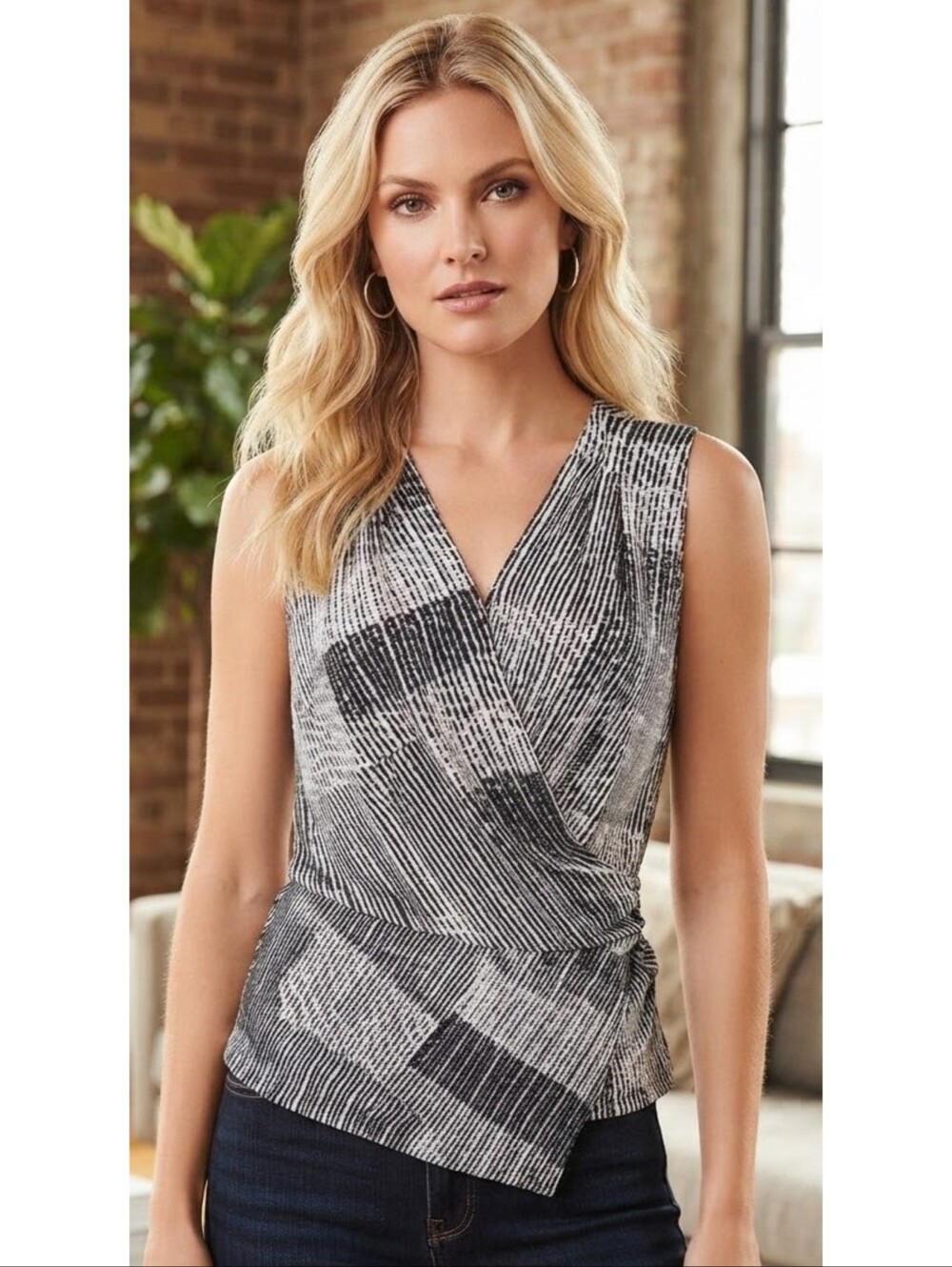 White House Black Market surplice asymmetrical striped blouse Black&White Size S